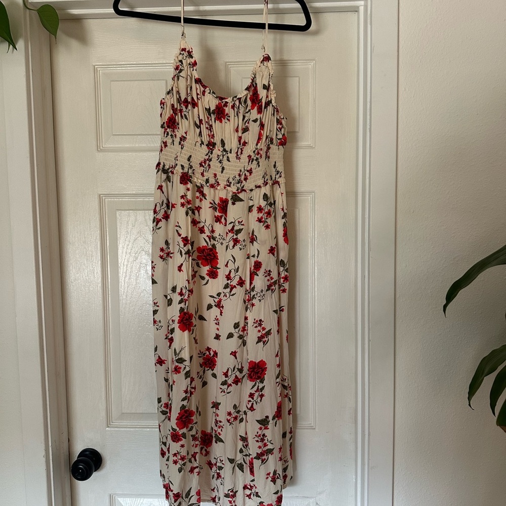 Old Navy Cream Midi Dress with Red Floral Print